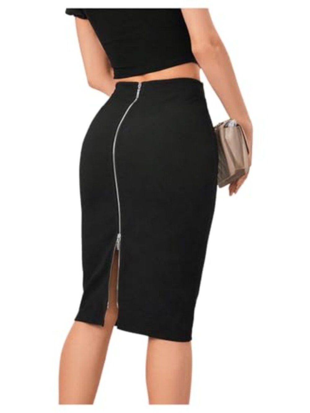 High Waisted Bodycon Pencil Midi Skirt Zip Up Back Stretchy Skinny